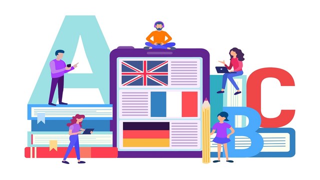 Illustration mit Büchern, Tablet und Sprachflaggen – Symbol fürs Sprachenlernen