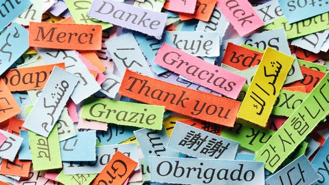 Papierstreifen mit ‚Danke‘ und ‚Thank you‘ in vielen Sprachen