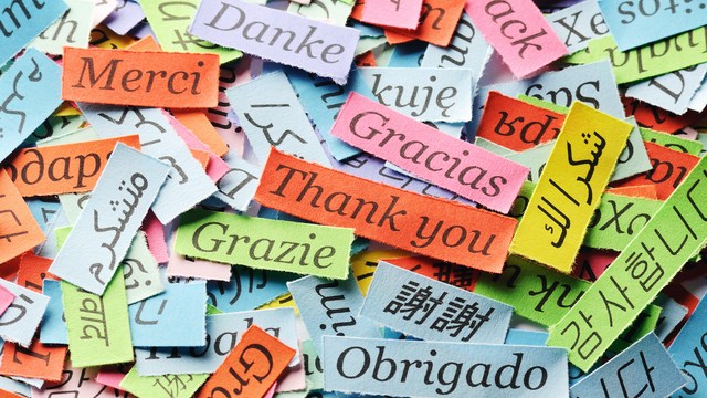 Papierstreifen mit ‚Danke‘ und ‚Thank you‘ in vielen Sprachen