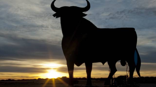 Ein imposanter schwarzer Stier als Symbolfigur vor einem farbenprächtigen Abendhimmel